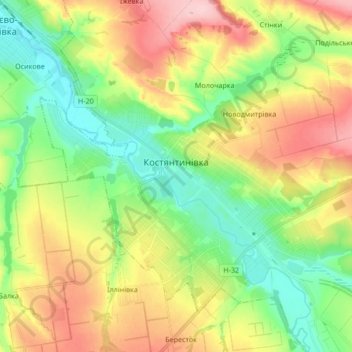 Kostiantynivka topographic map, elevation, terrain