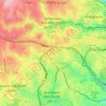 Bir Mourad Rais topographic map, elevation, terrain