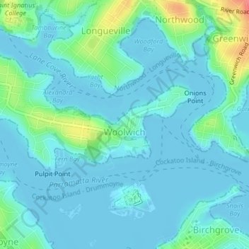 Woolwich topographic map, elevation, terrain