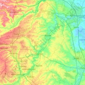 East Northamptonshire topographic map, elevation, terrain