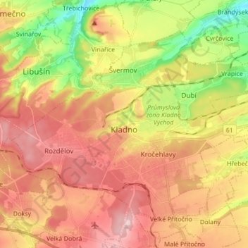 Kladno topographic map, elevation, terrain