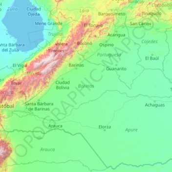 Estado Barinas topographic map, elevation, terrain