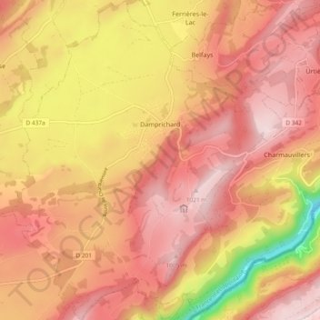 Damprichard topographic map, elevation, terrain