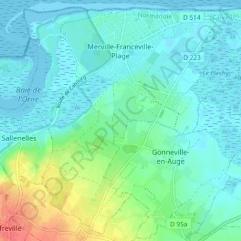 Merville-Franceville-Plage topographic map, elevation, terrain