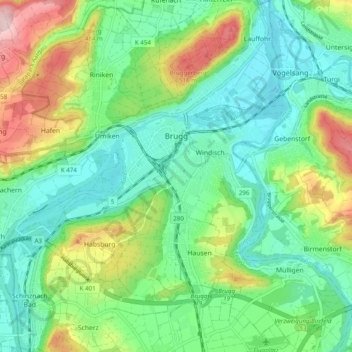 Brugg topographic map, elevation, terrain