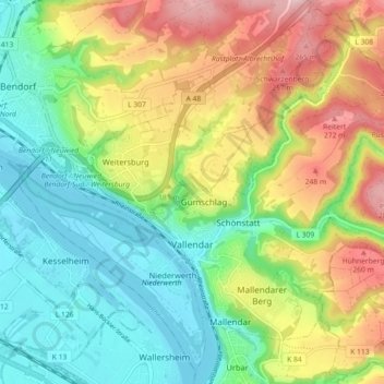 Vallendar topographic map, elevation, terrain