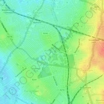 Tooting Bec Common topographic map, elevation, terrain