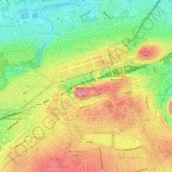 West Princes Street Gardens topographic map, elevation, terrain