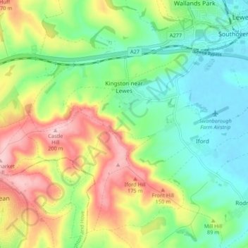 Kingston near Lewes topographic map, elevation, terrain