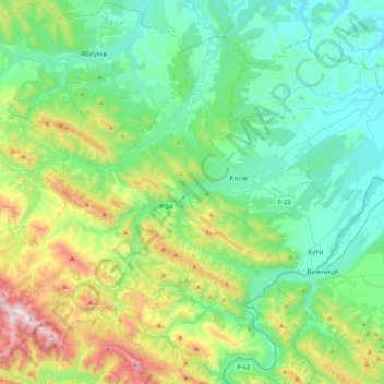 Kosiv Urban Hromada topographic map, elevation, terrain