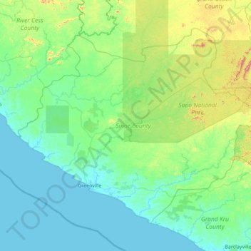 Sinoe County topographic map, elevation, terrain