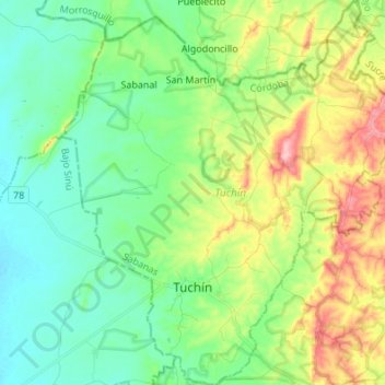 Tuchín topographic map, elevation, terrain