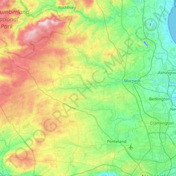 River Wansbeck topographic map, elevation, terrain