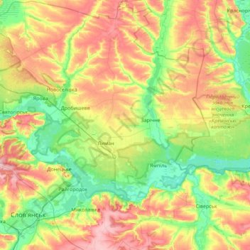 Lyman urban hromada topographic map, elevation, terrain