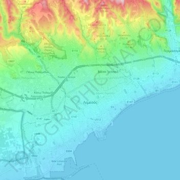 Limassol topographic map, elevation, terrain