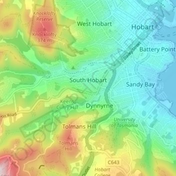 South Hobart topographic map, elevation, terrain