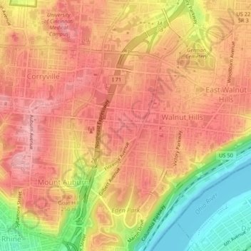 Walnut Hills topographic map, elevation, terrain