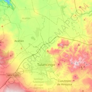 Tulancingo de Bravo topographic map, elevation, terrain