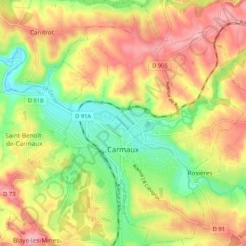 Carmaux topographic map, elevation, terrain