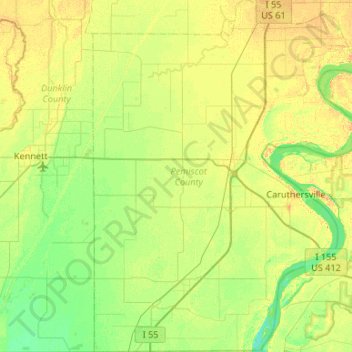 Pemiscot County topographic map, elevation, terrain