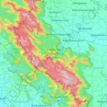 Kalakkad Mundanthurai Tiger Reserve topographic map, elevation, terrain