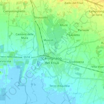 Cervignano del Friuli topographic map, elevation, terrain