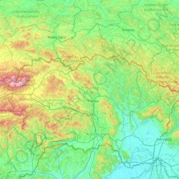 Region of Prešov topographic map, elevation, terrain