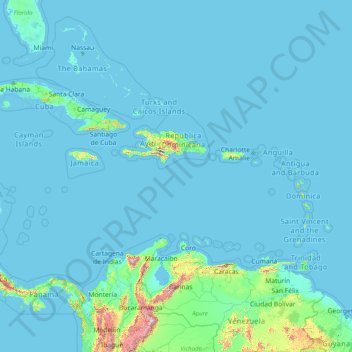 Antilles topographic map, elevation, terrain