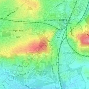 Redhill Common topographic map, elevation, terrain