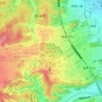 Keihanna Commemorative Park topographic map, elevation, terrain