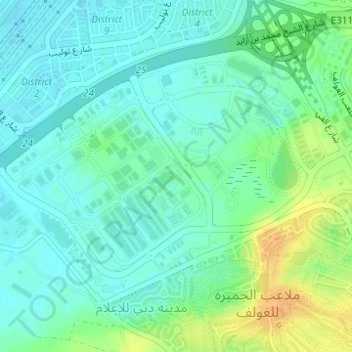 Dubai Production City topographic map, elevation, terrain