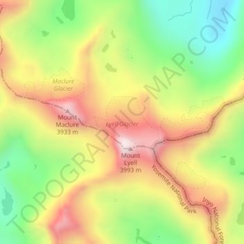 Lyell Glacier topographic map, elevation, terrain