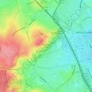 Muswell Hill topographic map, elevation, terrain