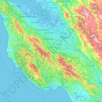 Santa Cruz Mountains topographic map, elevation, terrain