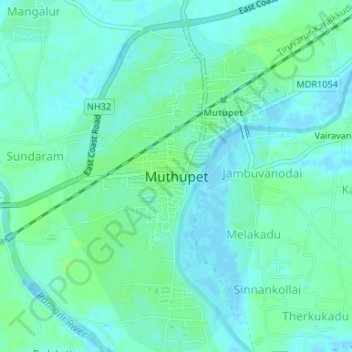 Muthupet topographic map, elevation, terrain