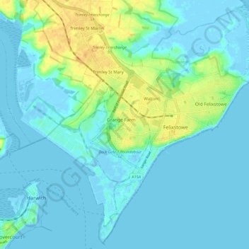 Felixstowe topographic map, elevation, terrain