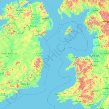 Irish Sea topographic map, elevation, terrain