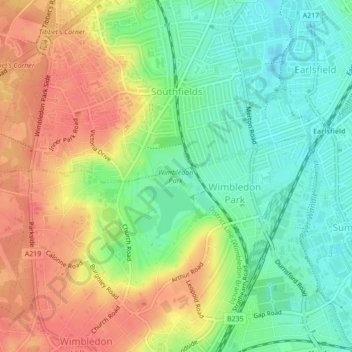 Wimbledon Park topographic map, elevation, terrain