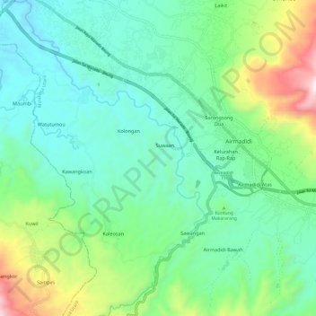 Sungai Tondano topographic map, elevation, terrain