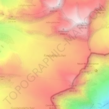 Findelgletscher topographic map, elevation, terrain