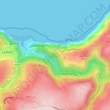 East Lyn topographic map, elevation, terrain