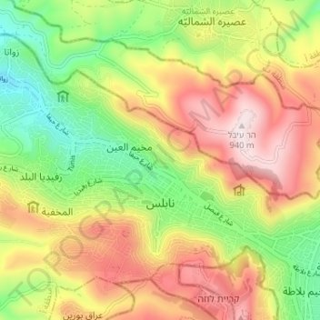 Nablus topographic map, elevation, terrain