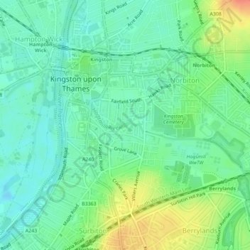 Hogsmill River topographic map, elevation, terrain