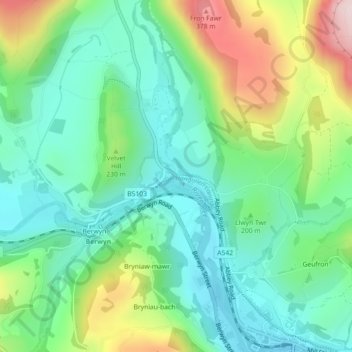 Eglwyseg River topographic map, elevation, terrain