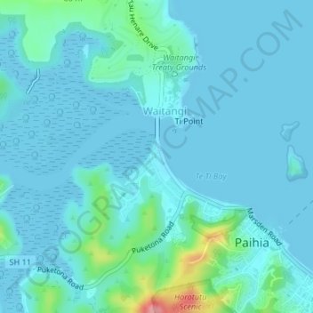 Te Tii Waitangi Marae topographic map, elevation, terrain