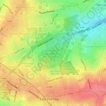 St Pancras and Islington Cemetery topographic map, elevation, terrain