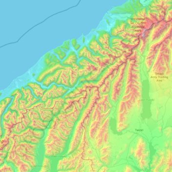 Southern Alps topographic map, elevation, terrain