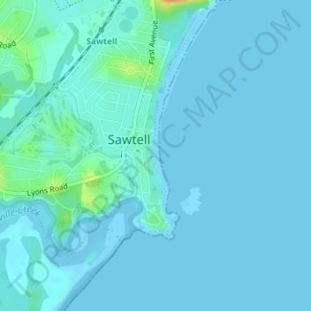 Sawtell Main Beach topographic map, elevation, terrain
