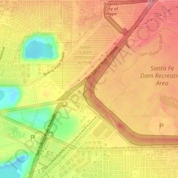Santa Fe Dam topographic map, elevation, terrain