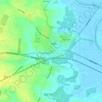 Acle topographic map, elevation, terrain